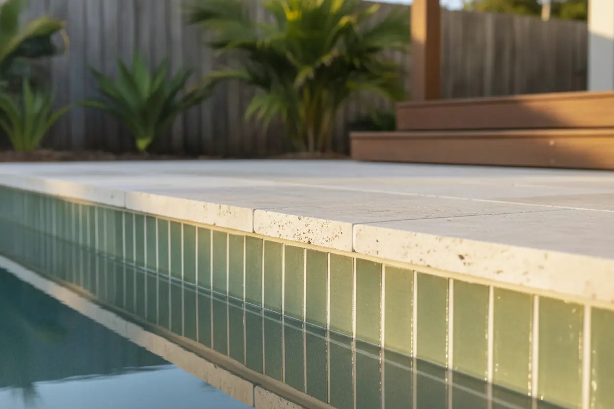 New travertine coping and sage green waterline tiles along a pool edge
