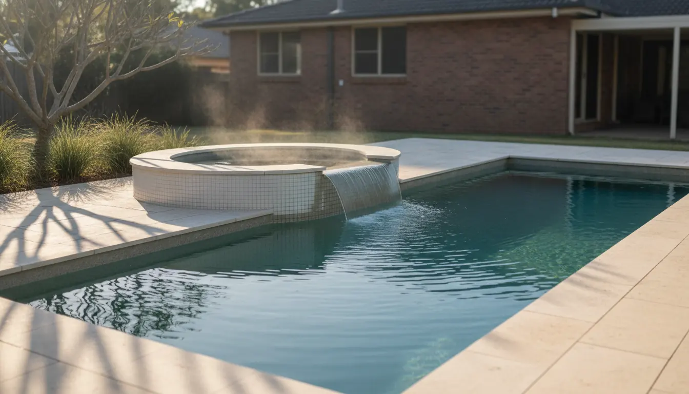 A renovated backyard pool with a round tiled hot tub on the end, water spilling into the pool and steam rising in low winter sun