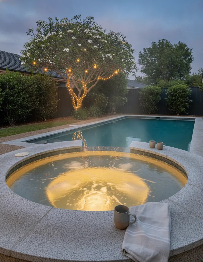 A warm-lit hot tub at dusk with steam rising