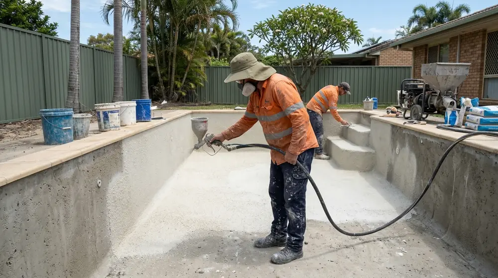 Pool applicator in hi-vis workwear and a respirator spraying a fresh quartz pebble finish onto a drained Queensland backyard pool, with a second tradie hand-trowelling the steps
