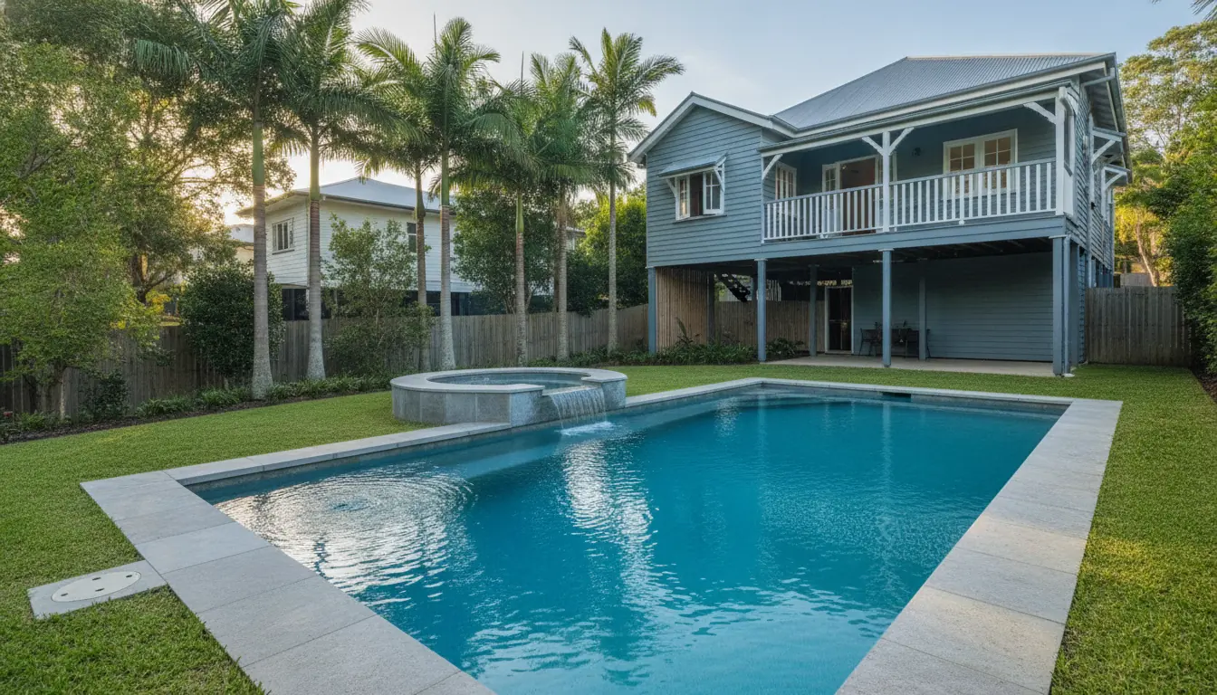 A renovated pool with a round hot tub behind an elevated timber Queenslander house