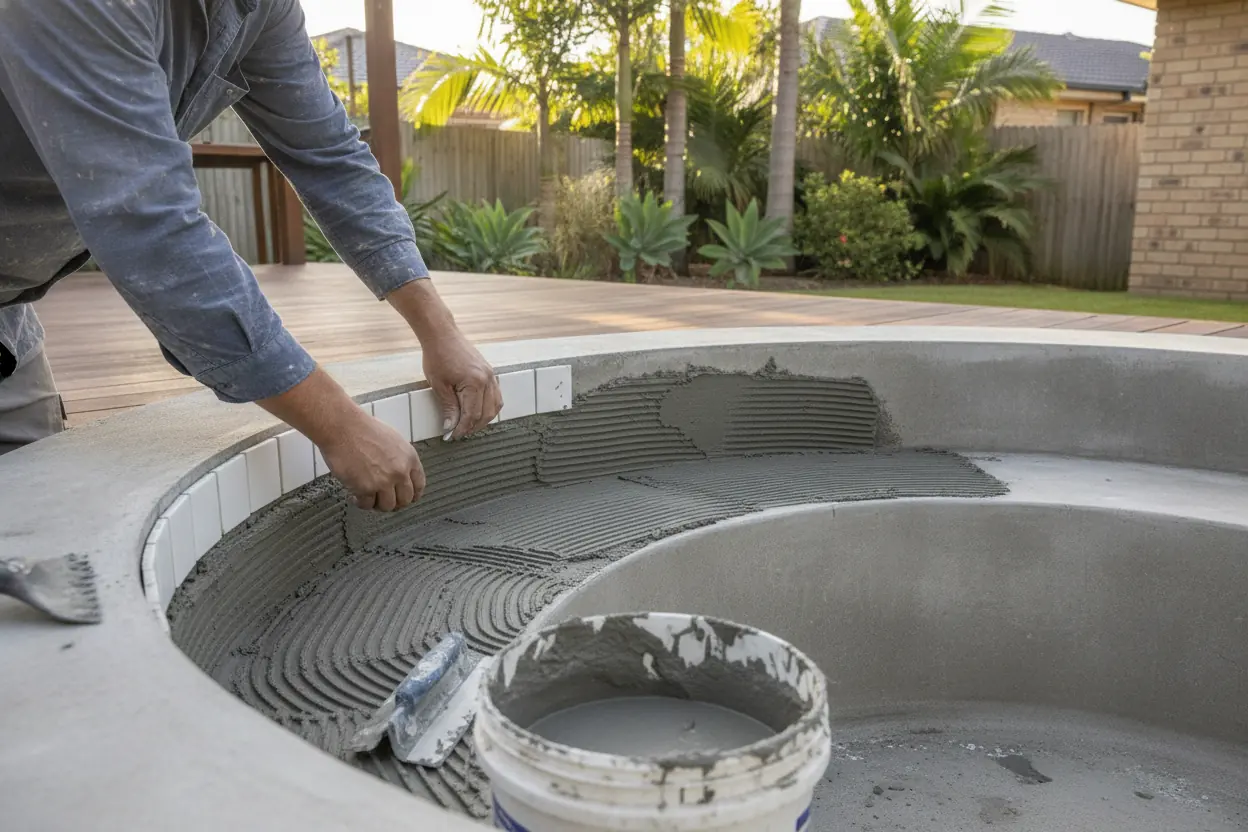 A tiler pressing small white tiles onto the curved wall of a hot tub under construction