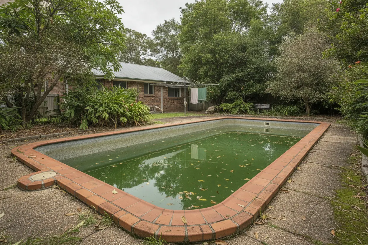 An older backyard pool with green water, stained surface and dated terracotta coping
